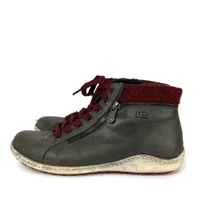 Remonte Men’s Side Zip Leather Wool Lace Up Sneakers in Gray/Red