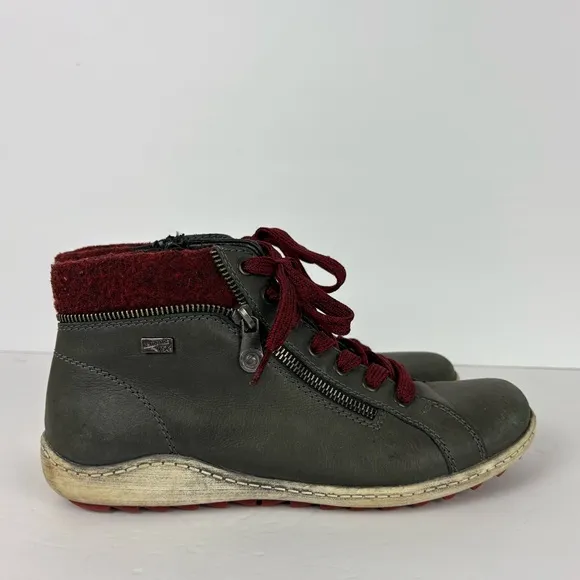 Remonte Men’s Side Zip Leather Wool Lace Up Sneakers in Gray/Red