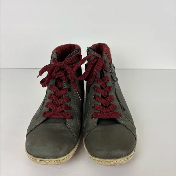 Remonte Men’s Side Zip Leather Wool Lace Up Sneakers in Gray/Red
