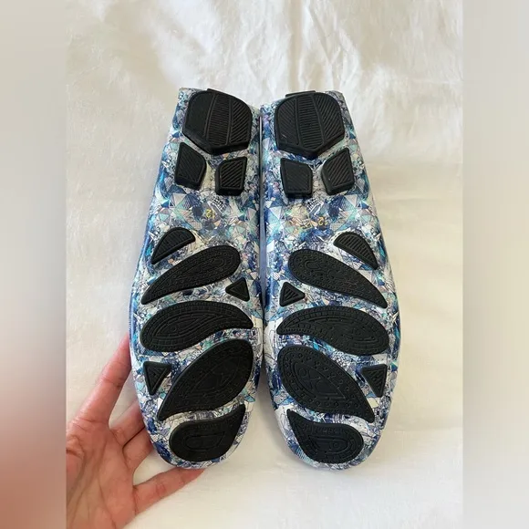 Robert Graham | Men’s 12 | White Blue Doggerland Print Leather Driving Loafers