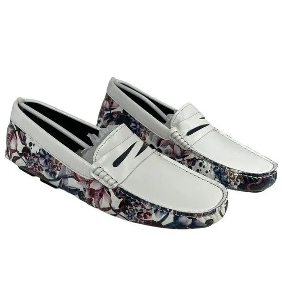 Robert Graham Stormy Floral White Leather Penny Loafers Men’s, S83