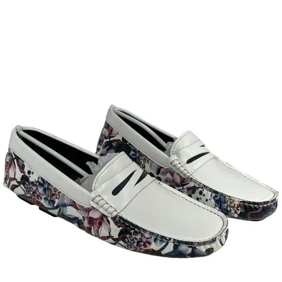 Robert Graham Stormy Floral White Leather Penny Loafers Men’s, S83