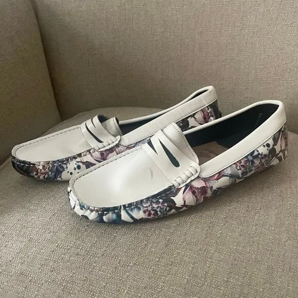 Robert Graham Stormy Floral White Leather Penny Loafers Men’s, S83