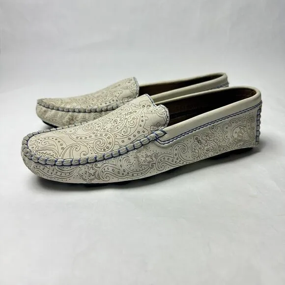 Robert Graham‎ Verrazano Mens Size 8 White Paisley Driving Leather Loafers Moc