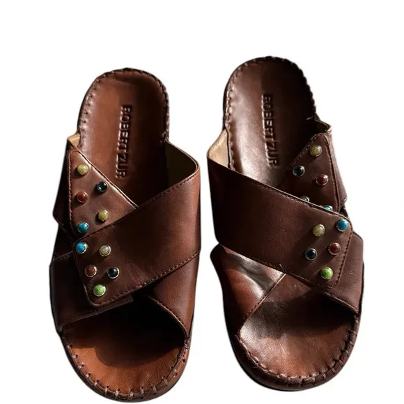 Robert Zur Sandals Woven Brown Leather Slide Sandals Size 9