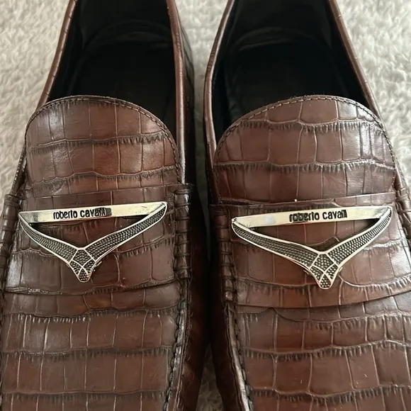 ROBERTO CAVALLI Croc-Embossed Leather Driving Loafers