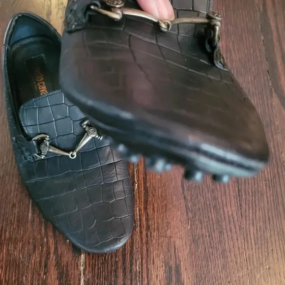 ROBERTO CAVALLI Men's black leather embossed horsebit driving loafers shoes US10