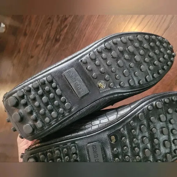 ROBERTO CAVALLI Men's black leather embossed horsebit driving loafers shoes US10