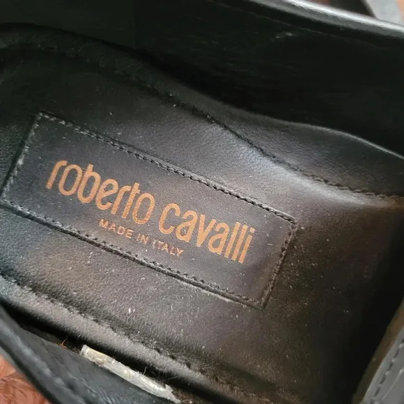 ROBERTO CAVALLI Men's black leather embossed horsebit driving loafers shoes US10