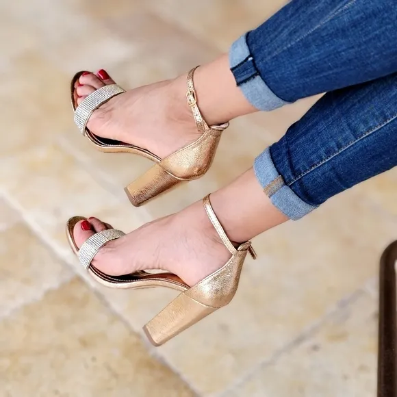Rose Gold Rhinestone Accent Metallic Chunky Heels