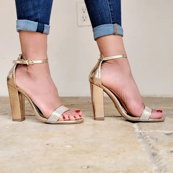 Rose Gold Rhinestone Accent Metallic Chunky Heels
