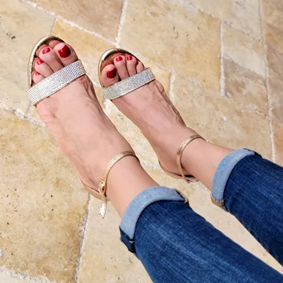 Rose Gold Rhinestone Accent Metallic Chunky Heels