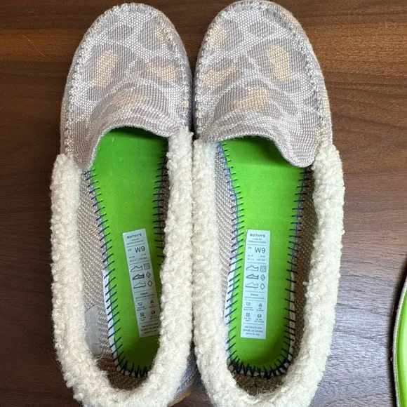 Rothy’s The Slipper Cozy Cat Beige Leopard Womens 9 Fleece Lined Driving Loafers