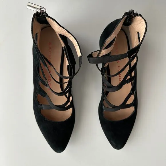 Sacha London EUC Chanel Strappy Almond Toe Black Suede Back Zip Flats Shoes 10