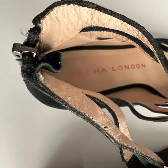Sacha London EUC Chanel Strappy Almond Toe Black Suede Back Zip Flats Shoes 10
