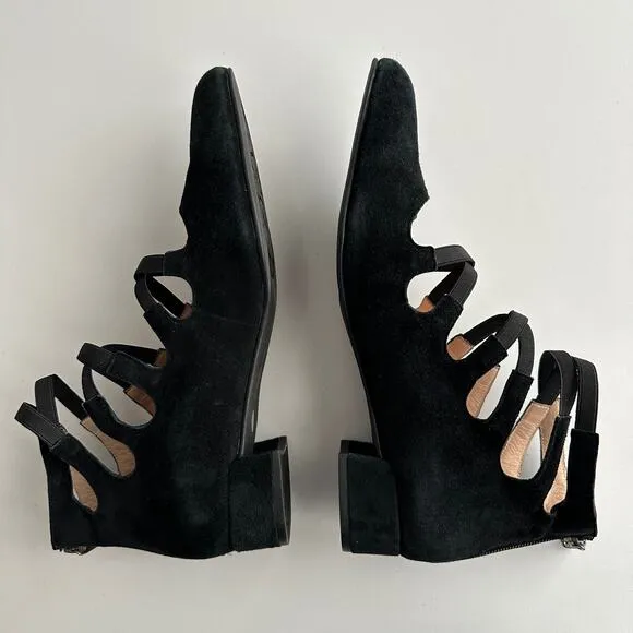 Sacha London EUC Chanel Strappy Almond Toe Black Suede Back Zip Flats Shoes 10