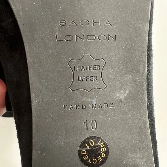 Sacha London EUC Chanel Strappy Almond Toe Black Suede Back Zip Flats Shoes 10