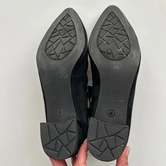 Sacha London EUC Chanel Strappy Almond Toe Black Suede Back Zip Flats Shoes 10