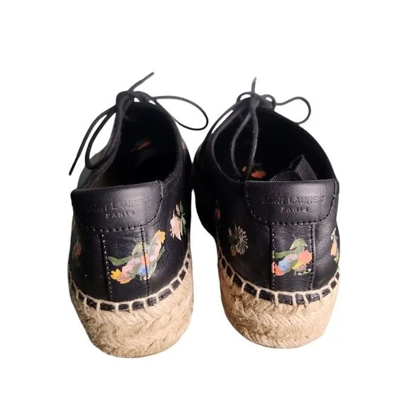 Saint Laurent Grunge Espadrilles Size 37  Black Floral‎ Leather Lace-up Sneaker