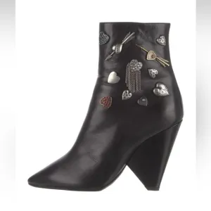 Saint Laurent Leather Embellished Mid-Calf Boots