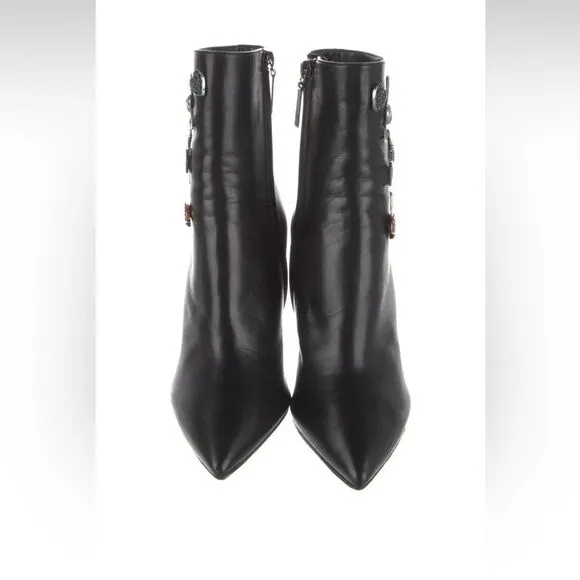 Saint Laurent Leather Embellished Mid-Calf Boots