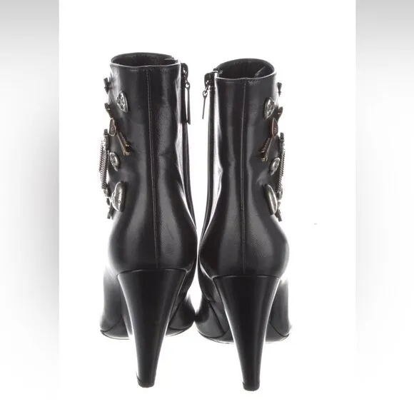 Saint Laurent Leather Embellished Mid-Calf Boots
