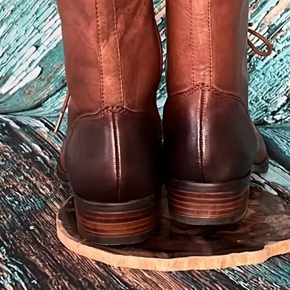 Saks, fifth Avenue, whiskey, brown leather boots with front tie