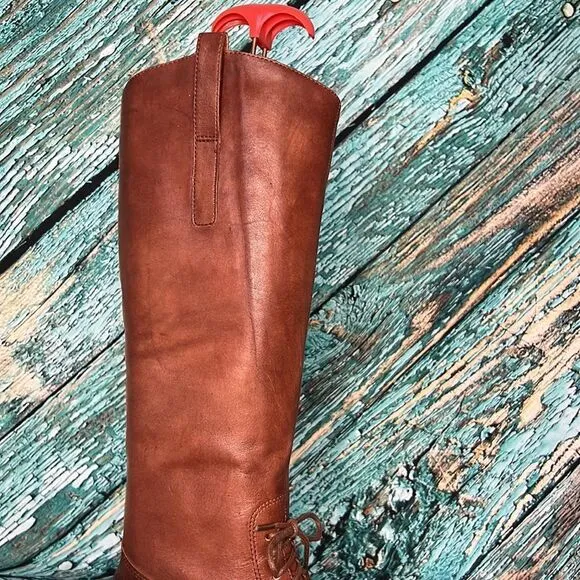 Saks, fifth Avenue, whiskey, brown leather boots with front tie
