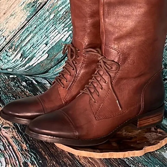 Saks, fifth Avenue, whiskey, brown leather boots with front tie