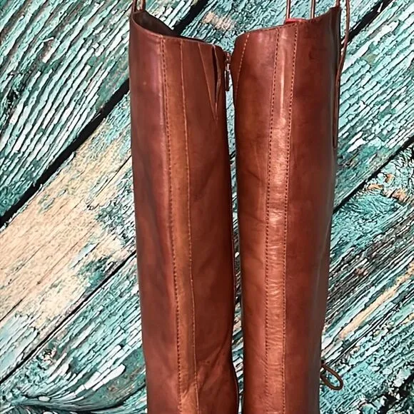 Saks, fifth Avenue, whiskey, brown leather boots with front tie