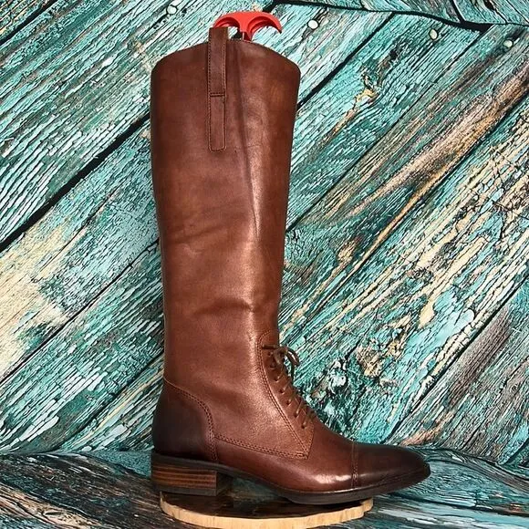Saks, fifth Avenue, whiskey, brown leather boots with front tie