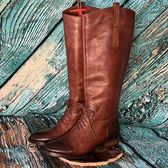 Saks, fifth Avenue, whiskey, brown leather boots with front tie