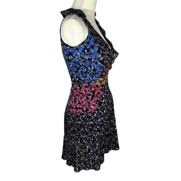 SALONI Amy Floral-Print Silk Dress In Ebony Posey Mini Sleeveless Ruffles Size 0