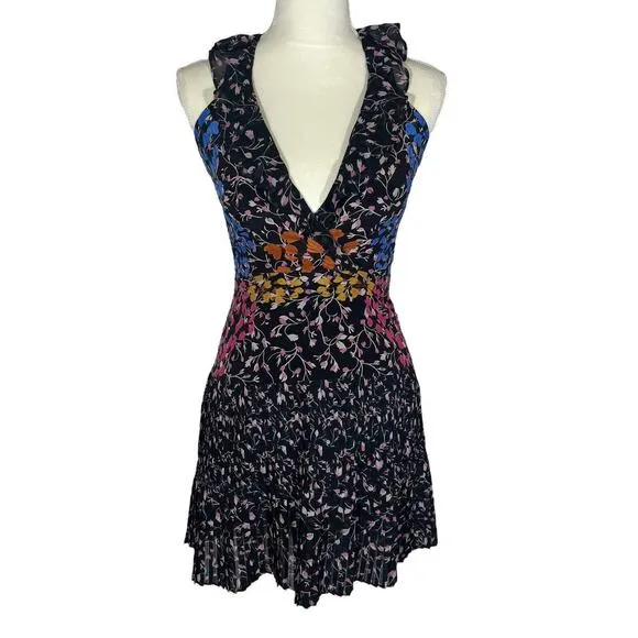 SALONI Amy Floral-Print Silk Dress In Ebony Posey Mini Sleeveless Ruffles Size 0