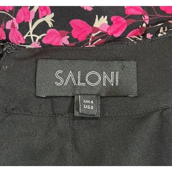 SALONI Amy Floral-Print Silk Dress In Ebony Posey Mini Sleeveless Ruffles Size 0