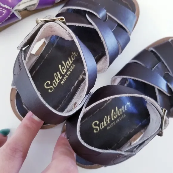 SALT WATER Sandals 2 Pair Purple Dark Brown Leather Sandals Size 6 Toddler