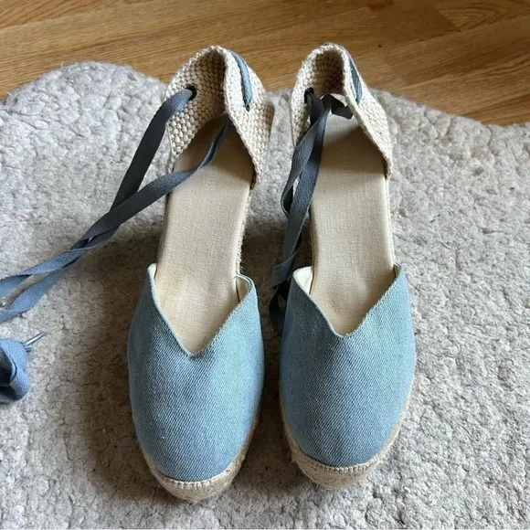 Saludos Light Denim Wrap Ankle Strap Platform Wedge Espadrille Size 8