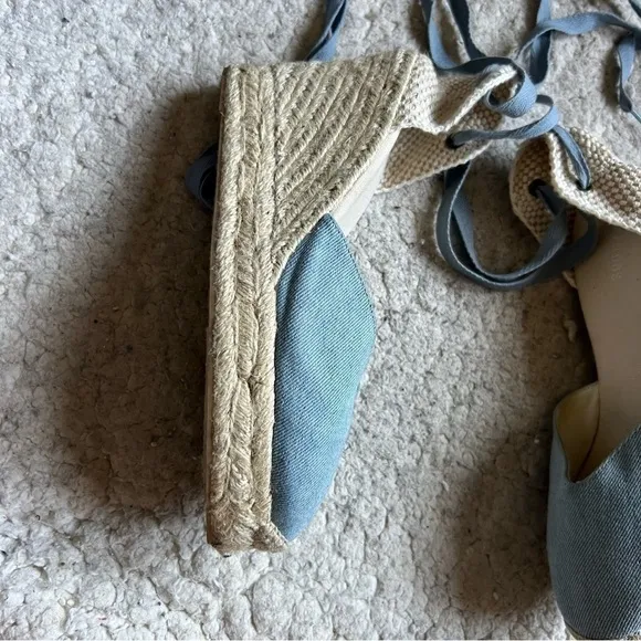 Saludos Light Denim Wrap Ankle Strap Platform Wedge Espadrille Size 8
