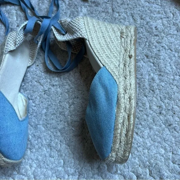 Saludos Light Denim Wrap Ankle Strap Platform Wedge Espadrille Size 8