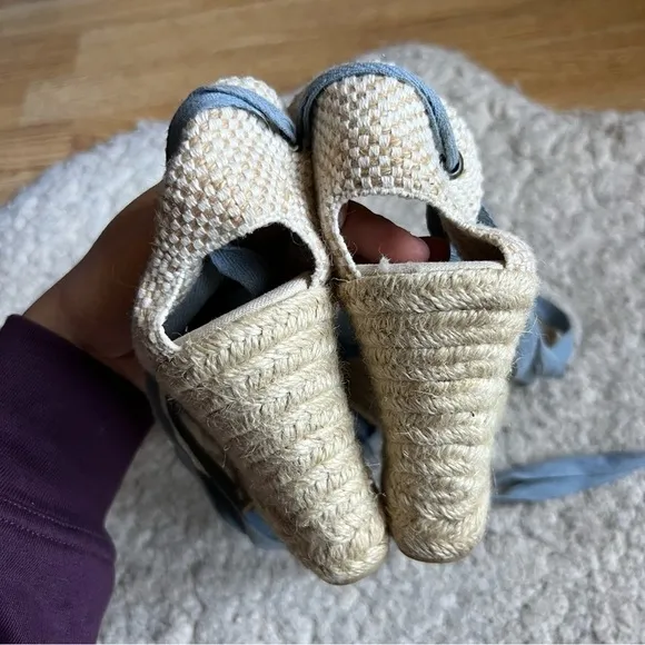 Saludos Light Denim Wrap Ankle Strap Platform Wedge Espadrille Size 8