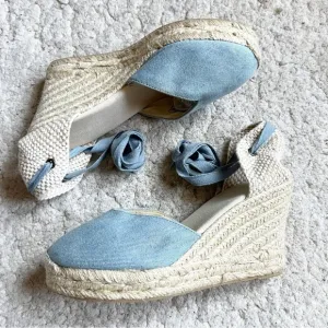 Saludos Light Denim Wrap Ankle Strap Platform Wedge Espadrille Size 8