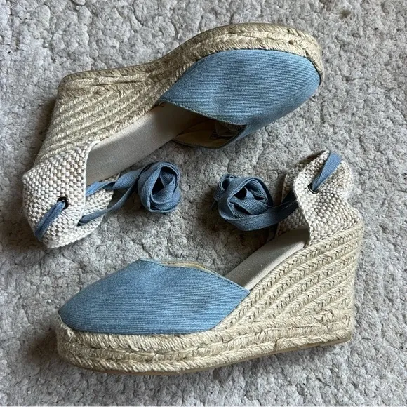 Saludos Light Denim Wrap Ankle Strap Platform Wedge Espadrille Size 8