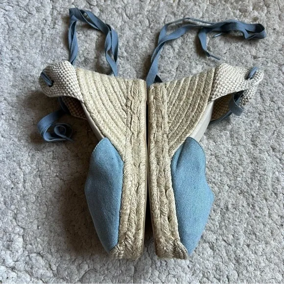 Saludos Light Denim Wrap Ankle Strap Platform Wedge Espadrille Size 8