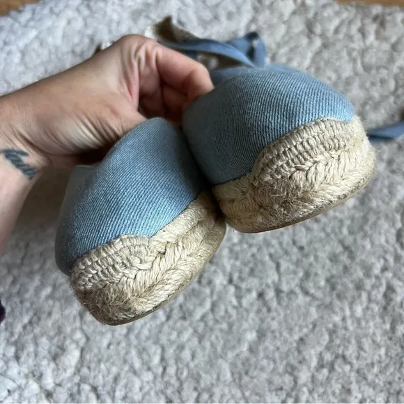 Saludos Light Denim Wrap Ankle Strap Platform Wedge Espadrille Size 8