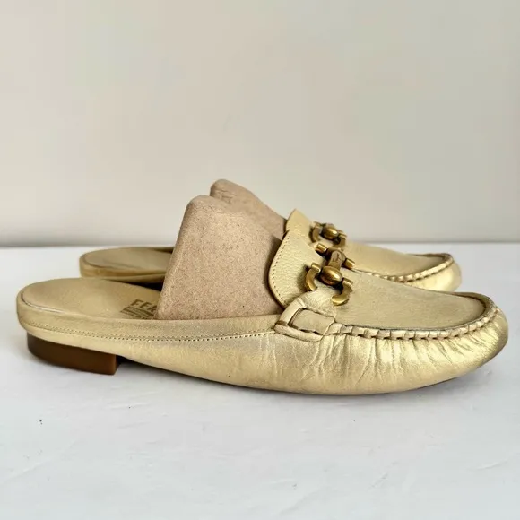Salvatore Ferragamo Gold Leather Gancini Open Back Slip On Loafers Size 9