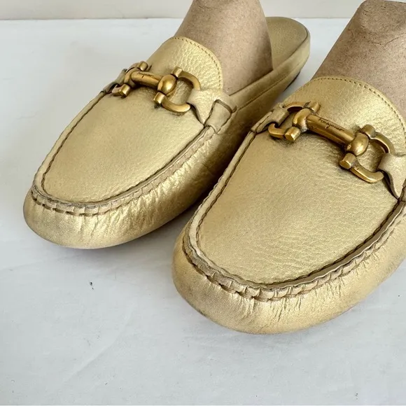 Salvatore Ferragamo Gold Leather Gancini Open Back Slip On Loafers Size 9