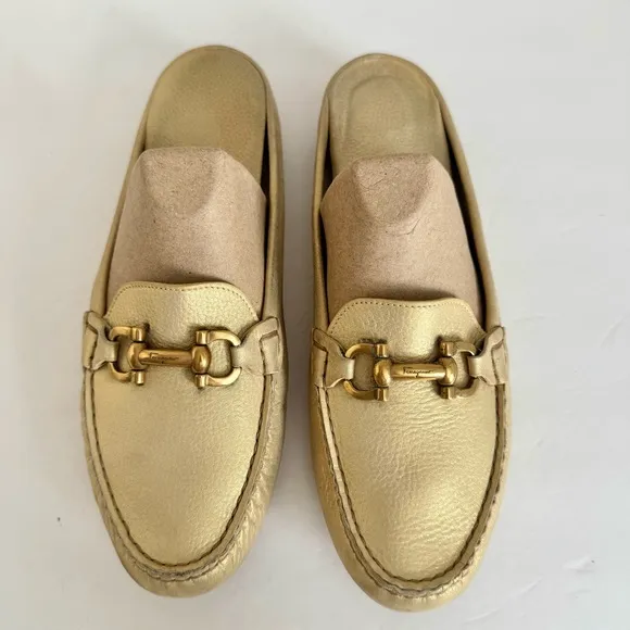 Salvatore Ferragamo Gold Leather Gancini Open Back Slip On Loafers Size 9