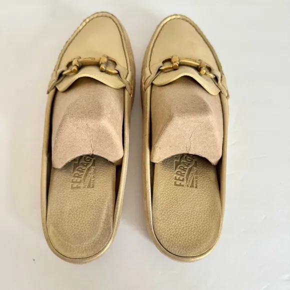 Salvatore Ferragamo Gold Leather Gancini Open Back Slip On Loafers Size 9