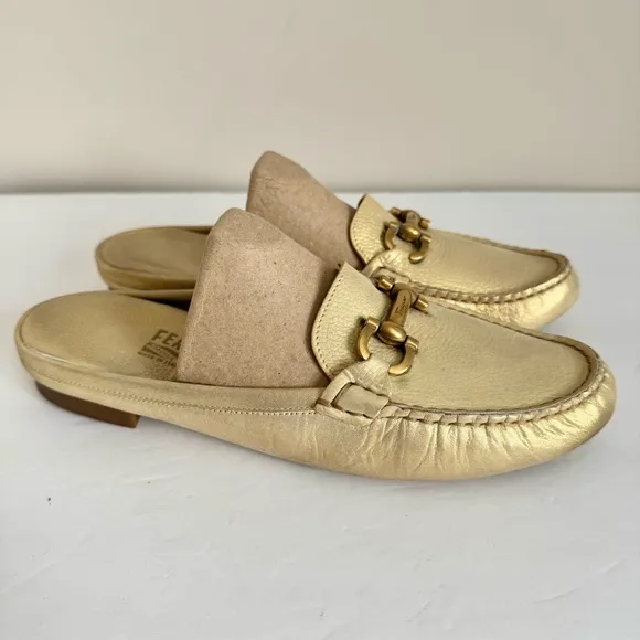 Salvatore Ferragamo Gold Leather Gancini Open Back Slip On Loafers Size 9