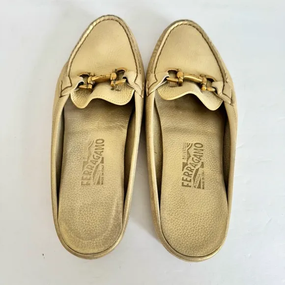 Salvatore Ferragamo Gold Leather Gancini Open Back Slip On Loafers Size 9